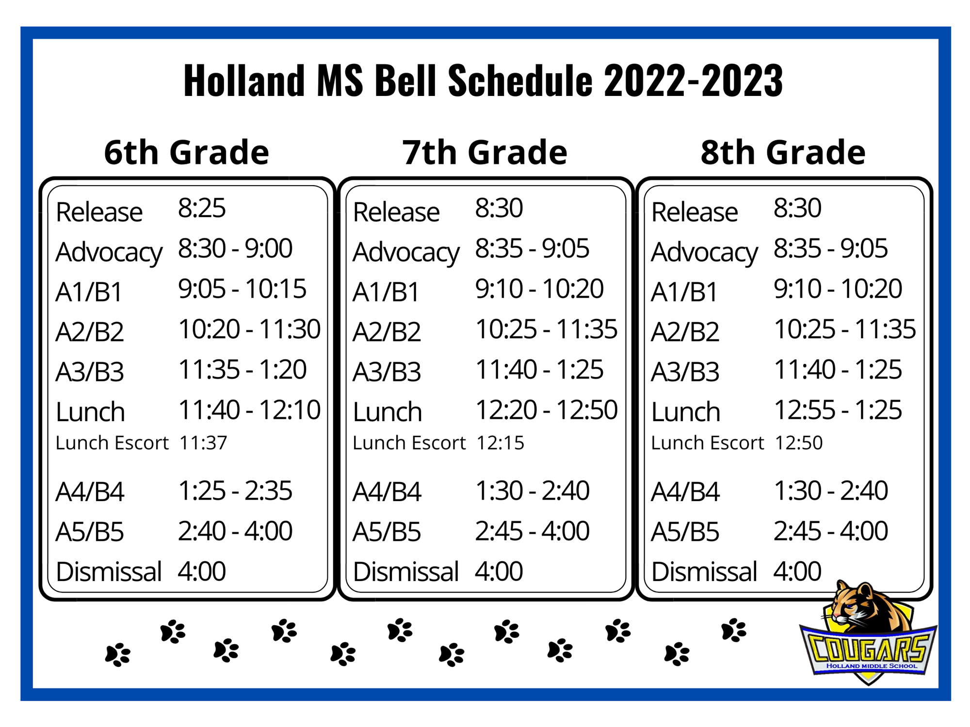 Copy of Holland MS Bell Schedule 2022-2023 